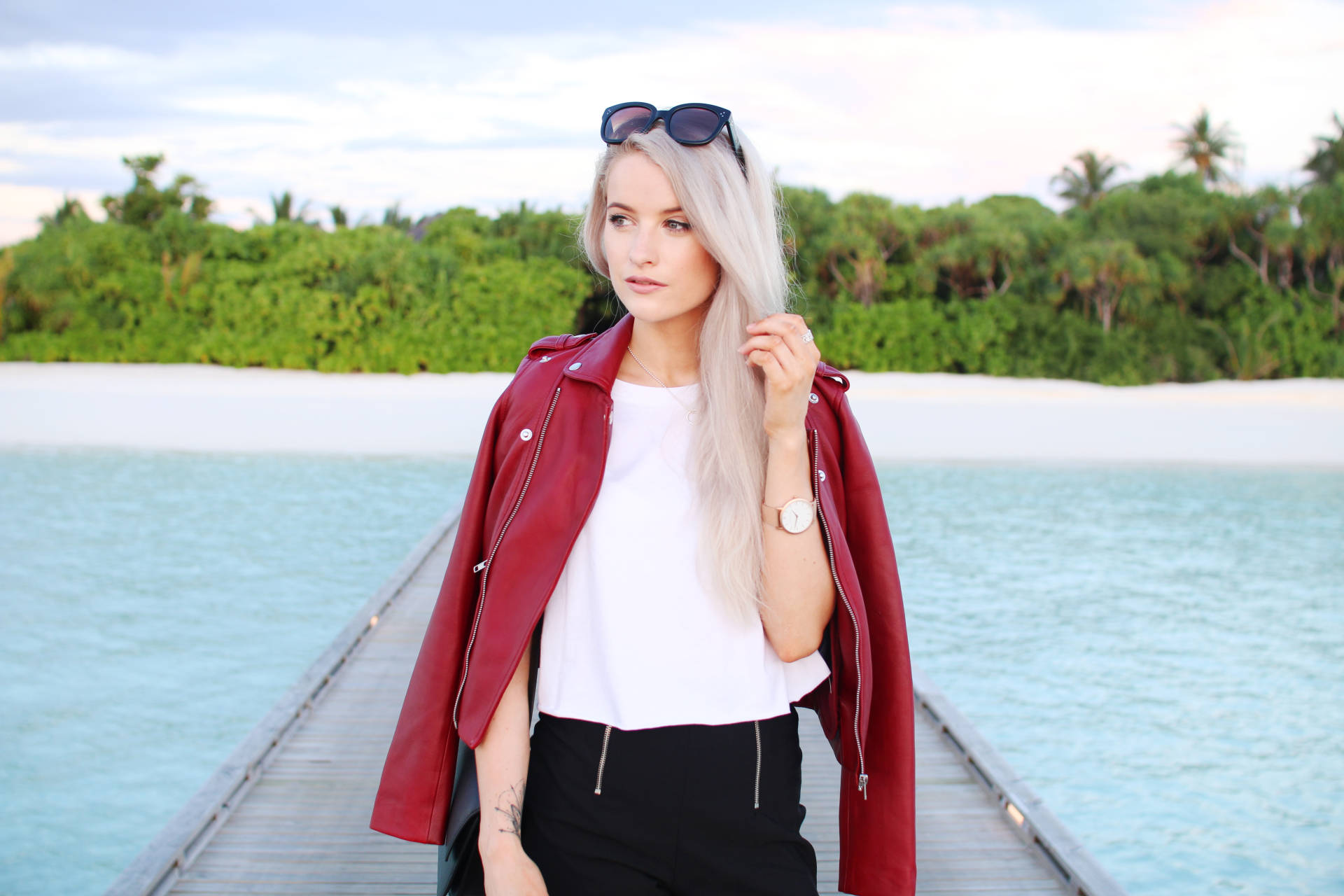 maje red leather jacket in the maldives