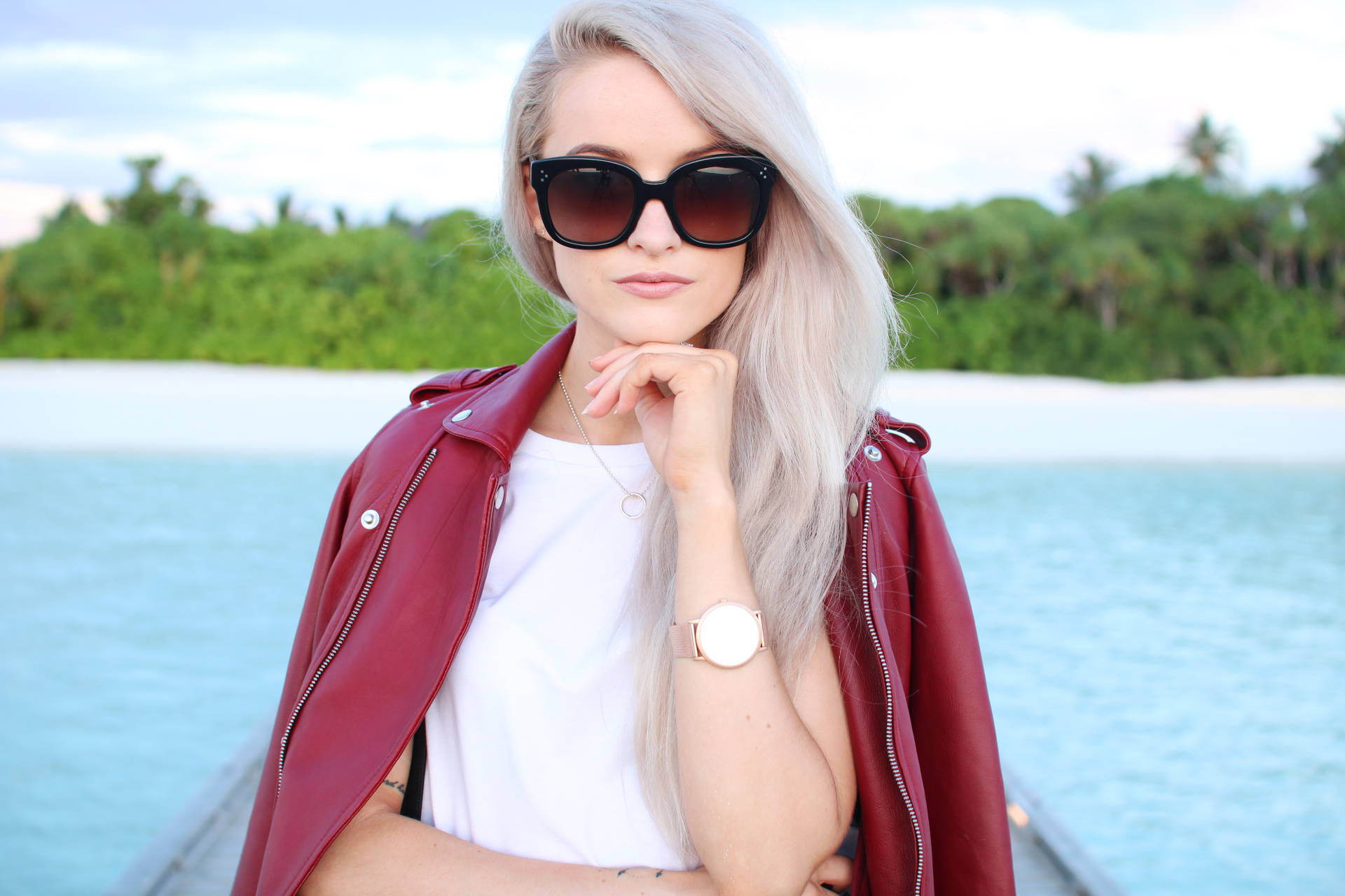 maje red leather jacket in the maldives