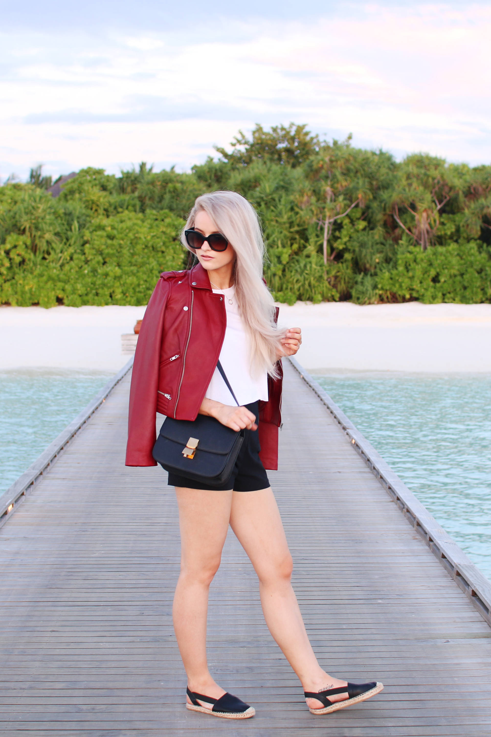 maje red leather jacket in the maldives