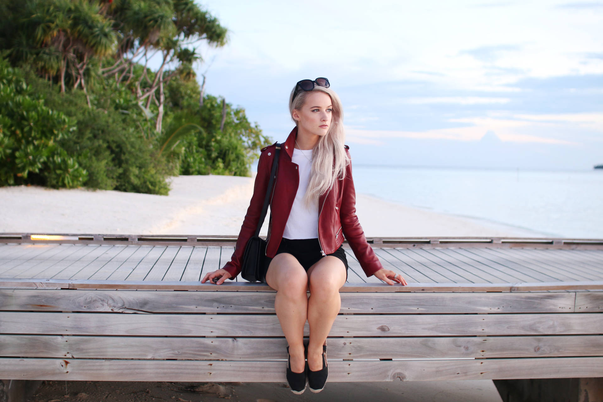 maje red leather jacket in the maldives