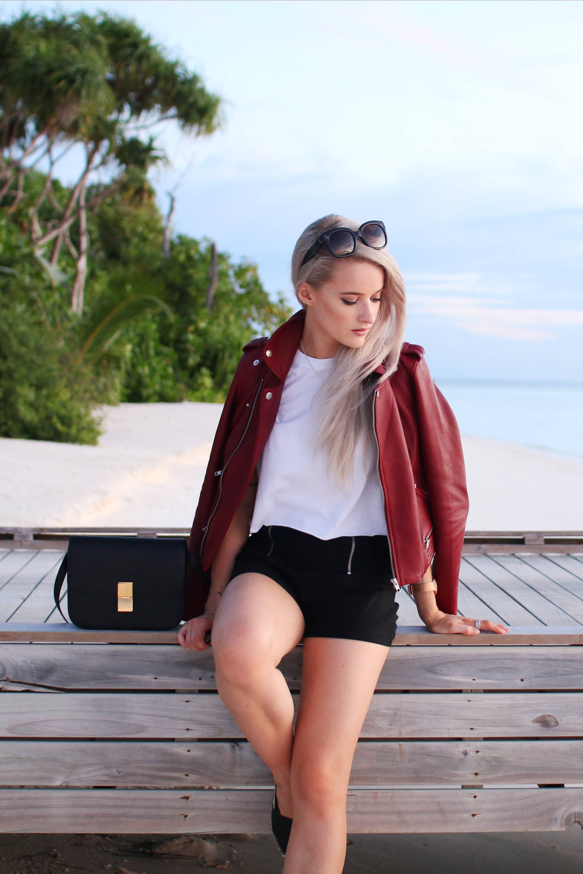 maje red leather jacket in the maldives