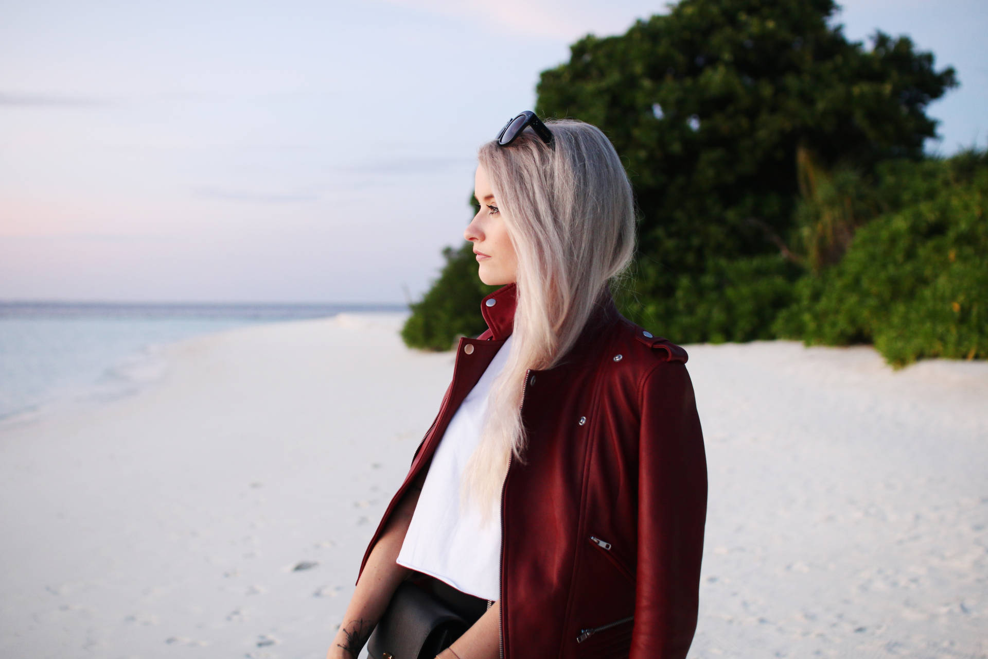 maje red leather jacket in the maldives