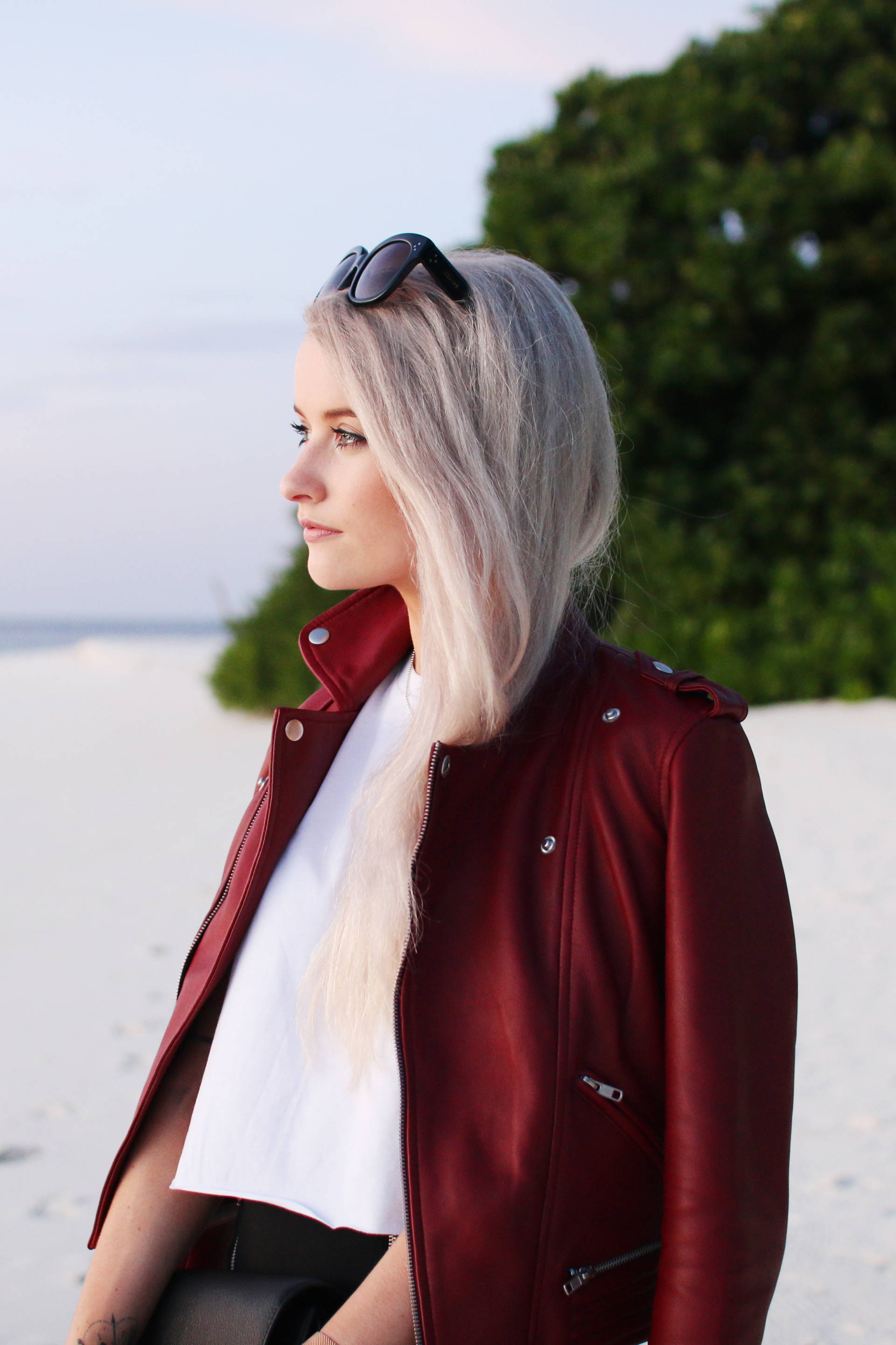 maje red leather jacket in the maldives