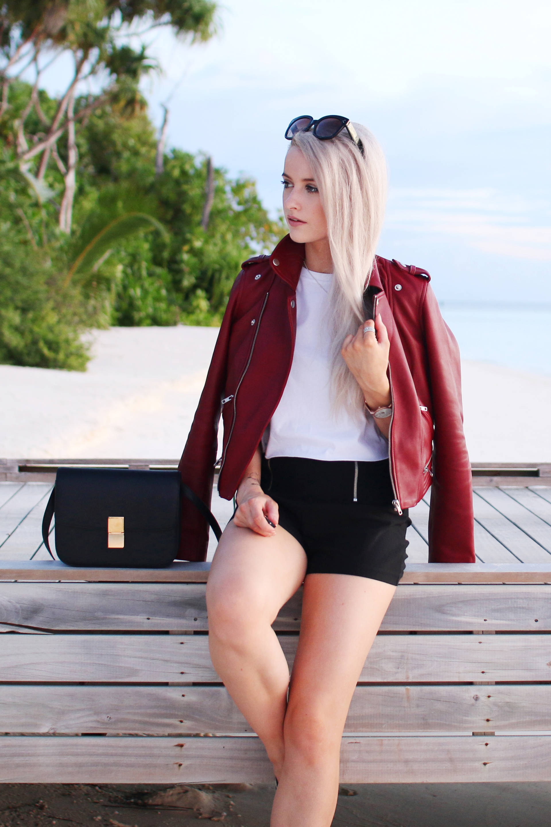 maje red leather jacket in the maldives