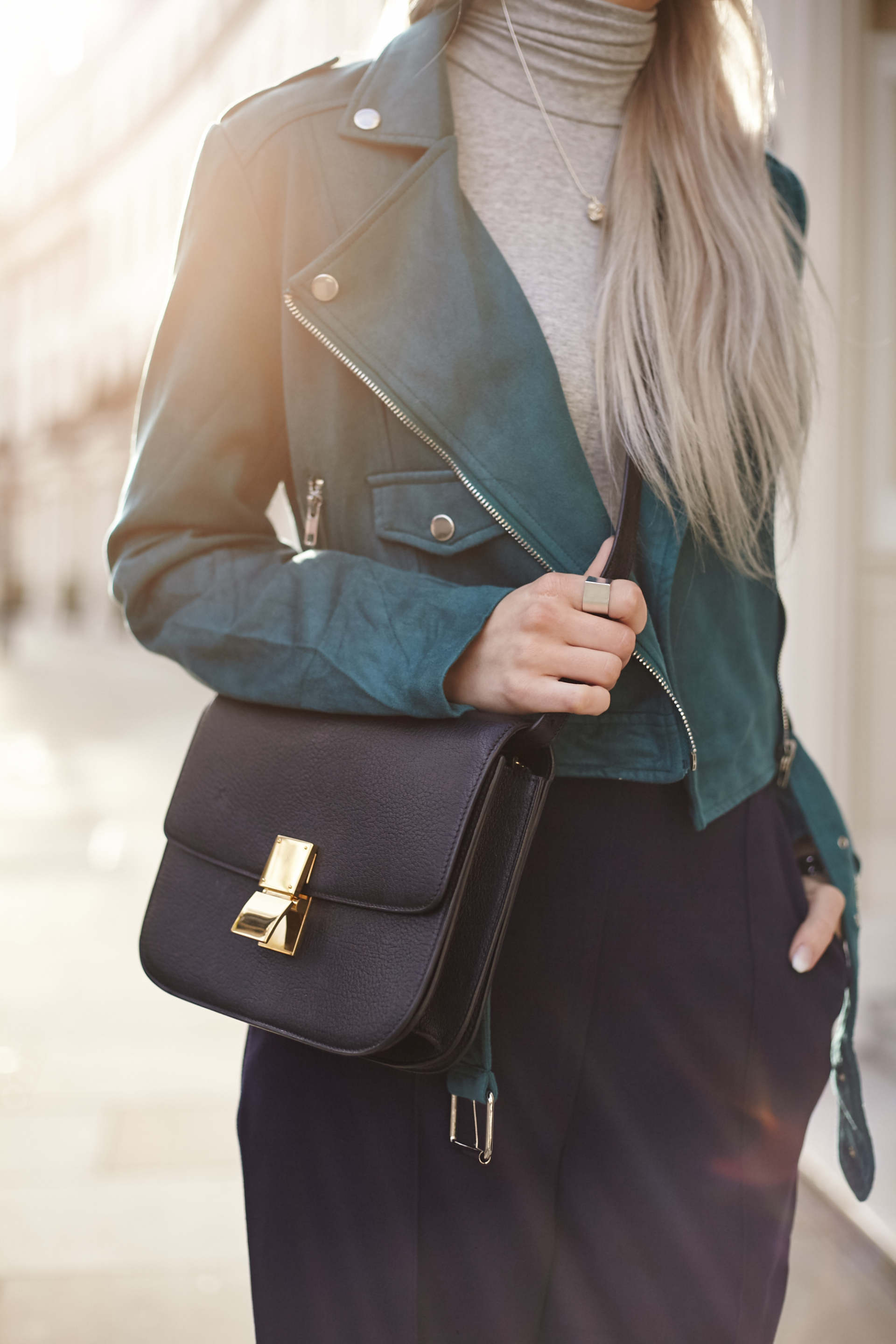 inthefrow celine box bag, missguided teal suede jacket