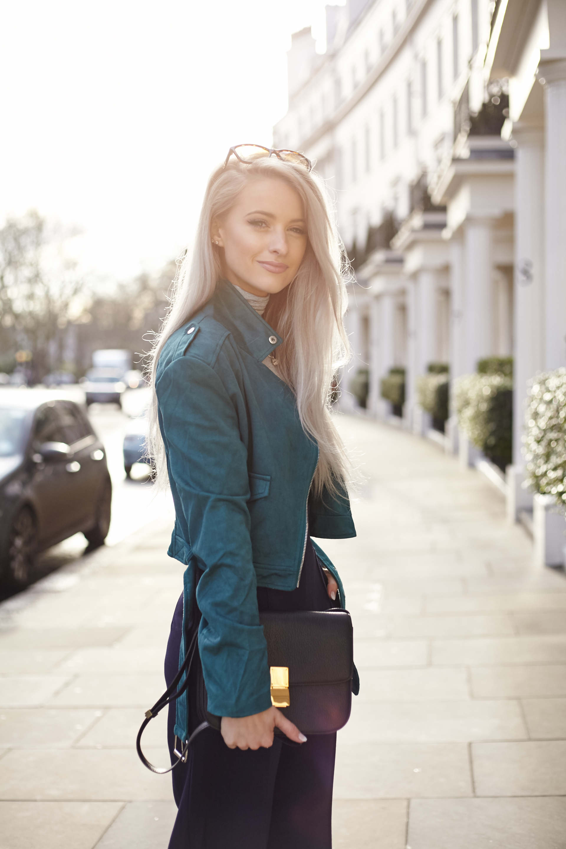 inthefrow celine box bag, missguided teal suede jacket