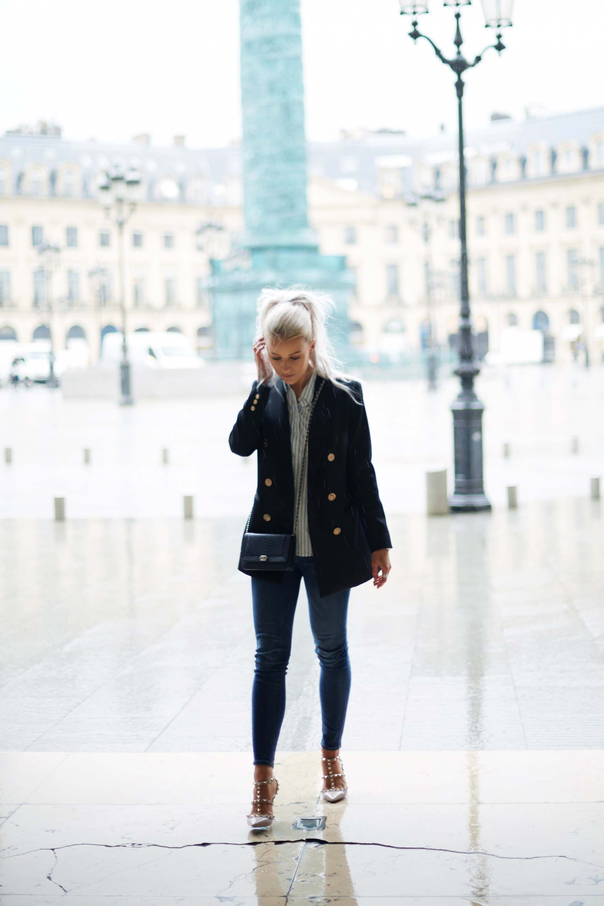 inthefrow white hair curly high ponytail eiss lavinia blazer and valentino rockstud, chanel woc