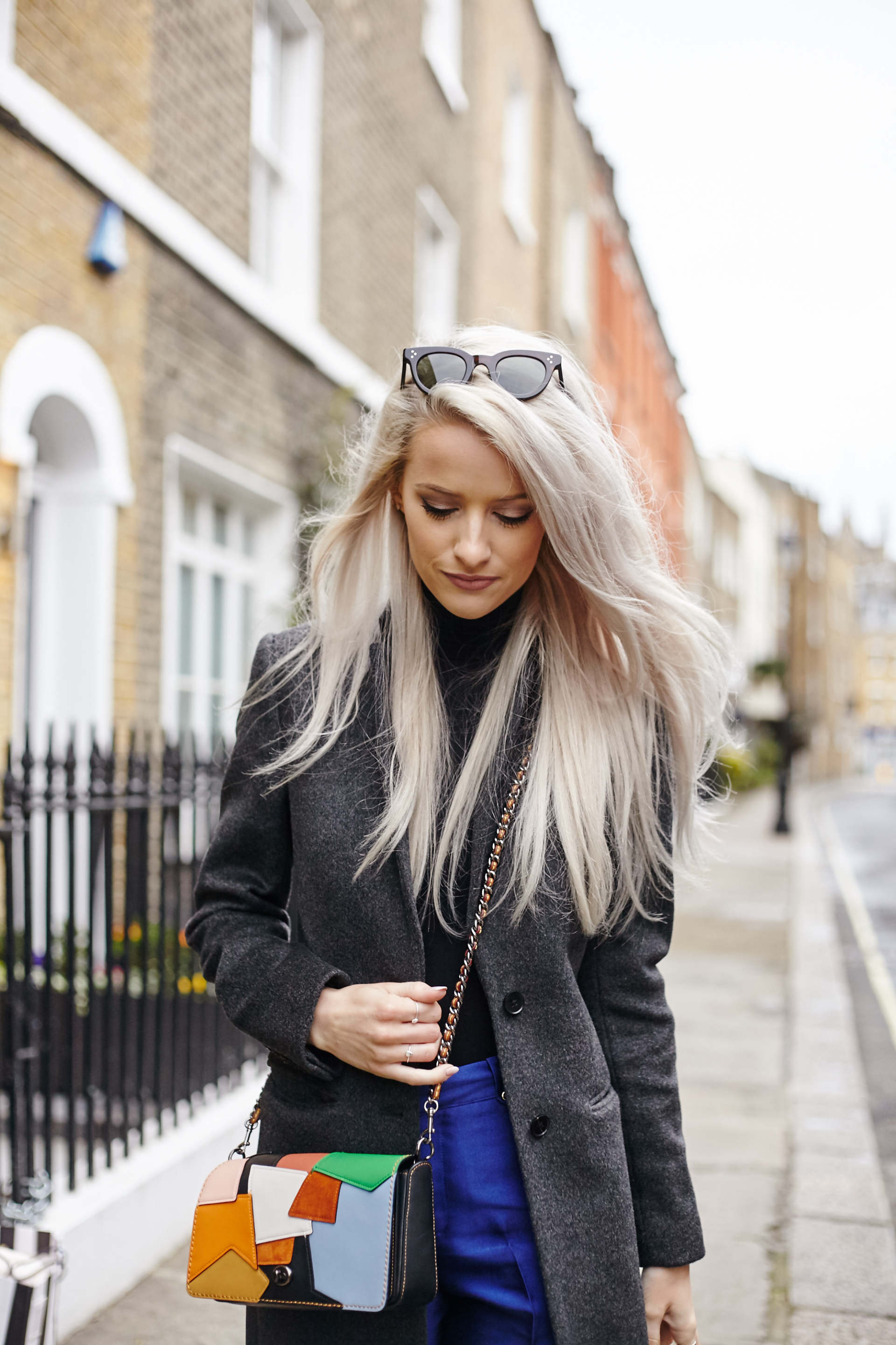 InTheFrow LFW3 - Amber-Rose Photography 2 inthefrow threefloor blue trousers, gianvito rossi black heels, coach 1941 patchwork bag, joseph wool grey coat