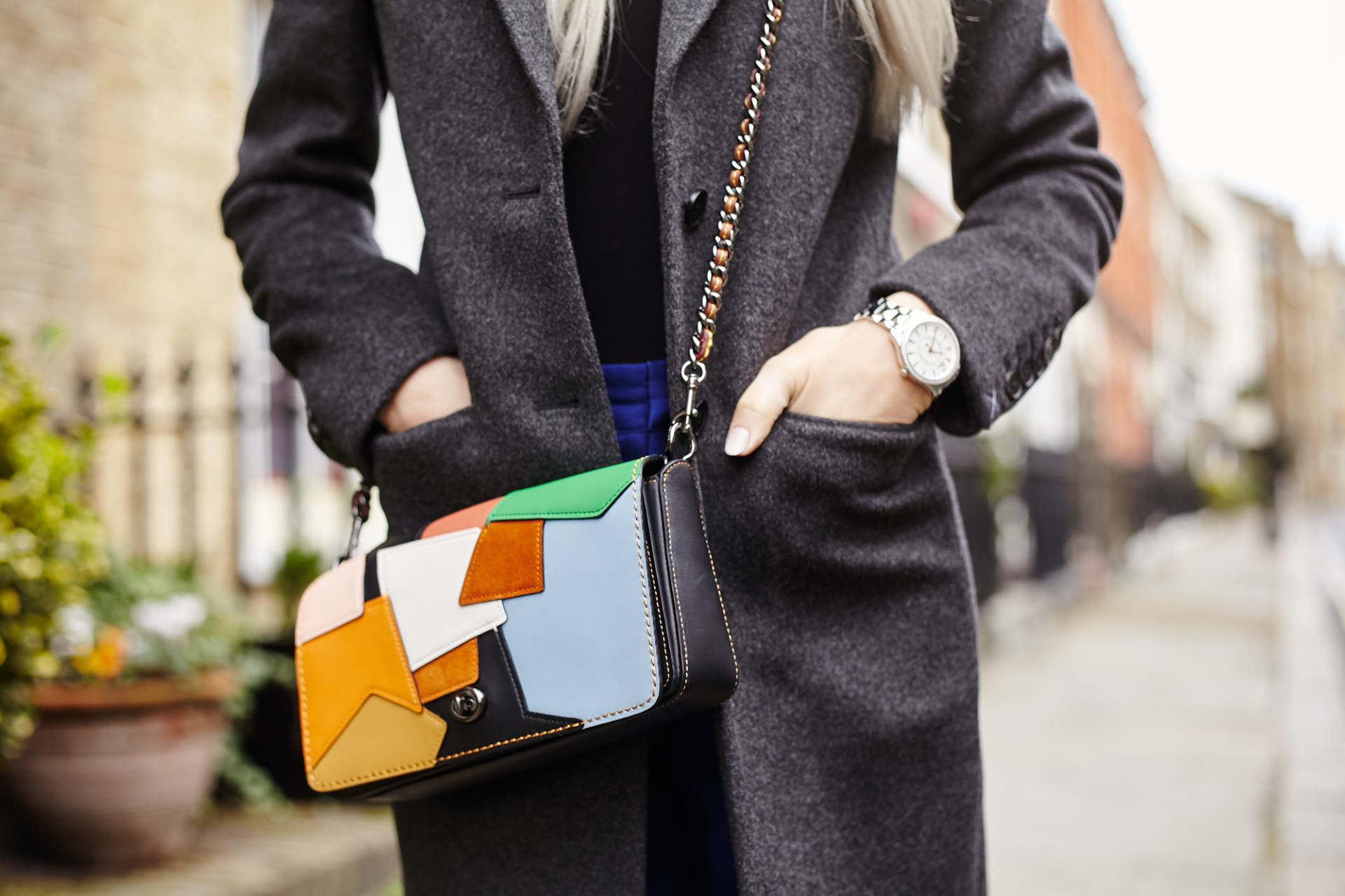 InTheFrow LFW3 - Amber-Rose Photography 20 inthefrow threefloor blue trousers, gianvito rossi black heels, coach 1941 patchwork bag, joseph wool grey coat