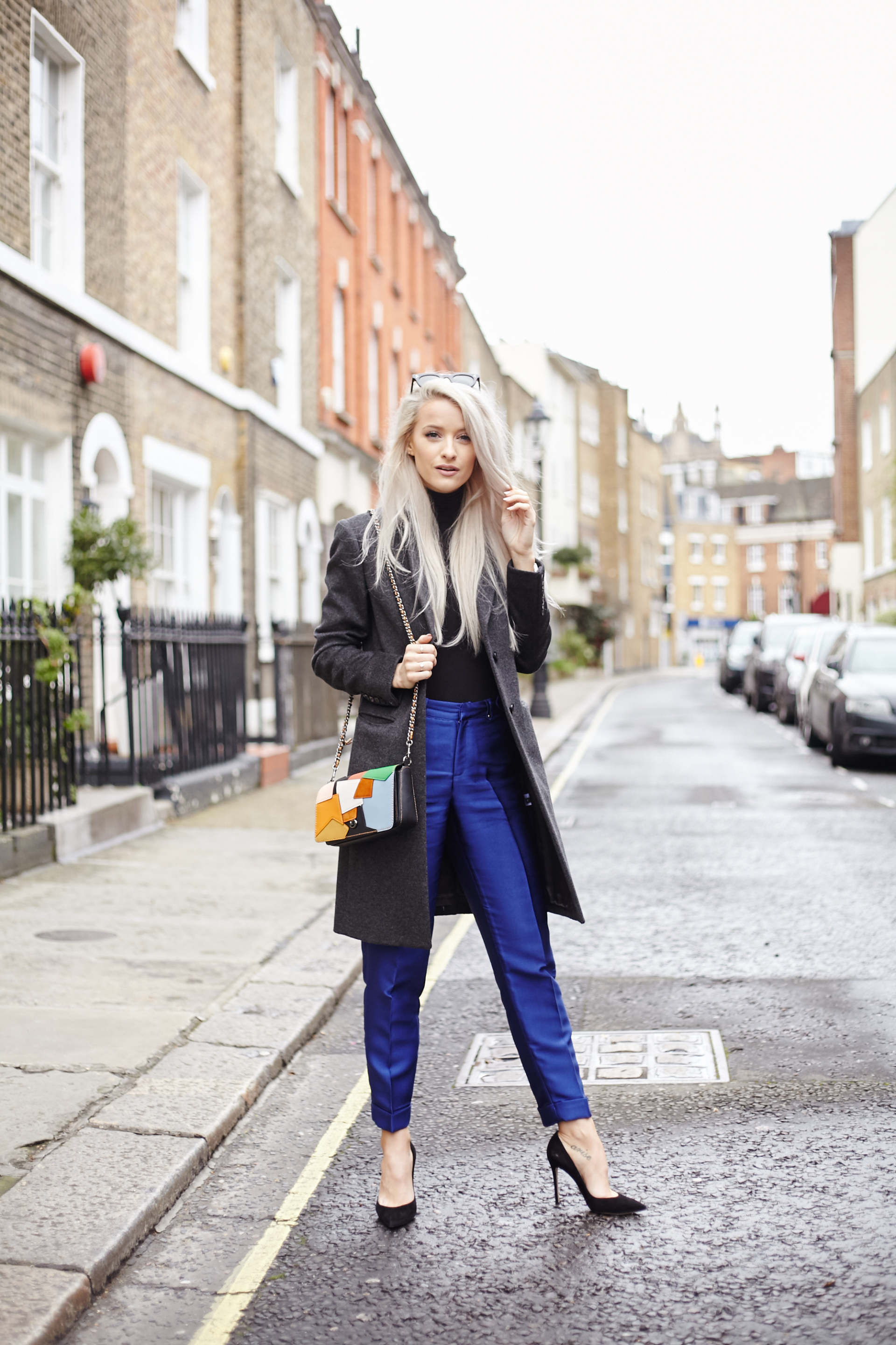 InTheFrow LFW3 - Amber-Rose Photography 7 inthefrow threefloor blue trousers, gianvito rossi black heels, coach 1941 patchwork bag, joseph wool grey coat