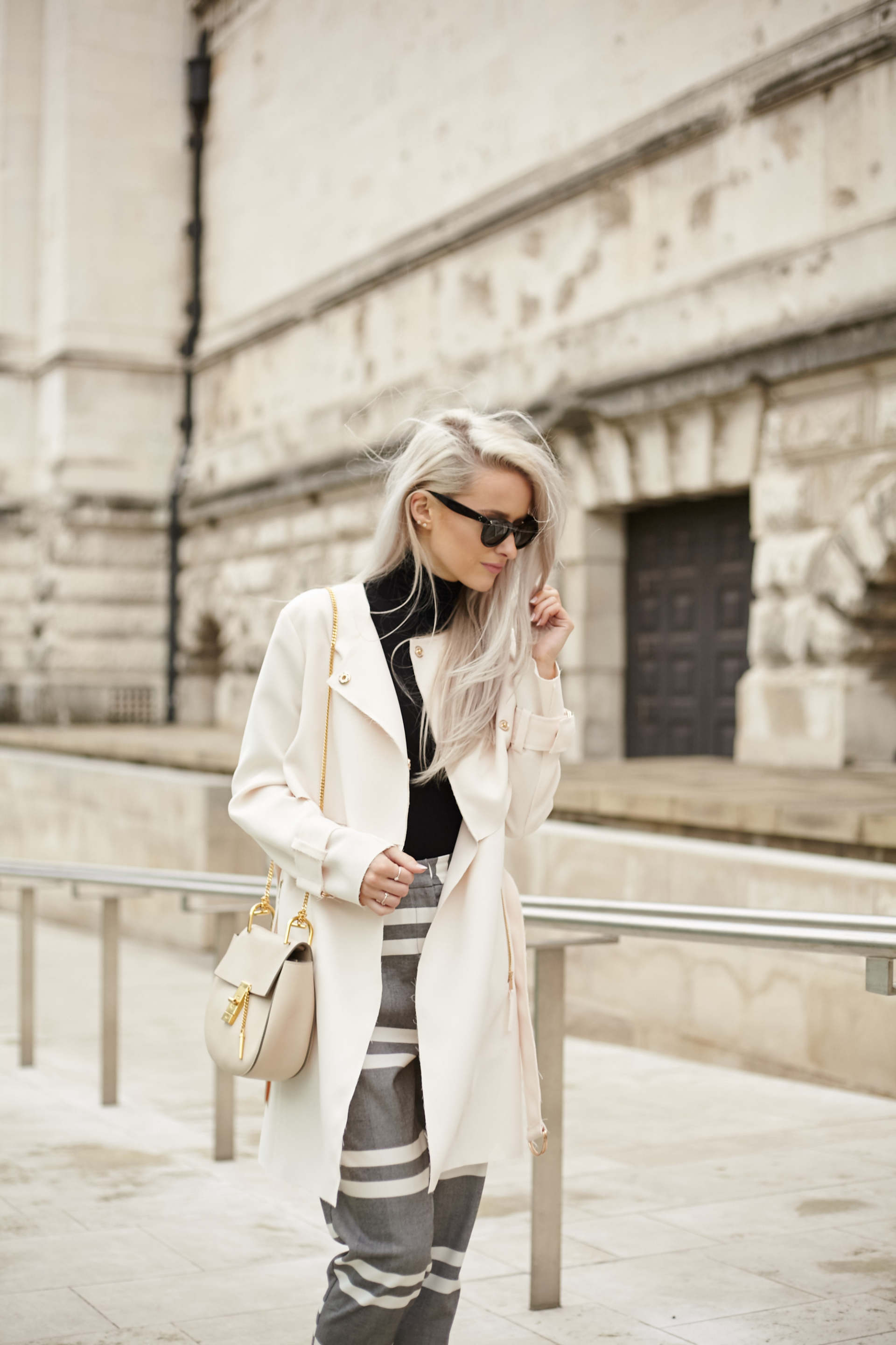 InTheFrow LFW3 Topshop - Amber-Rose Photography 2 inthefrow topshop pink jacket, topshop grey striped trousers and chloe faye in arctic white gianvito rossis calabria in white and nude