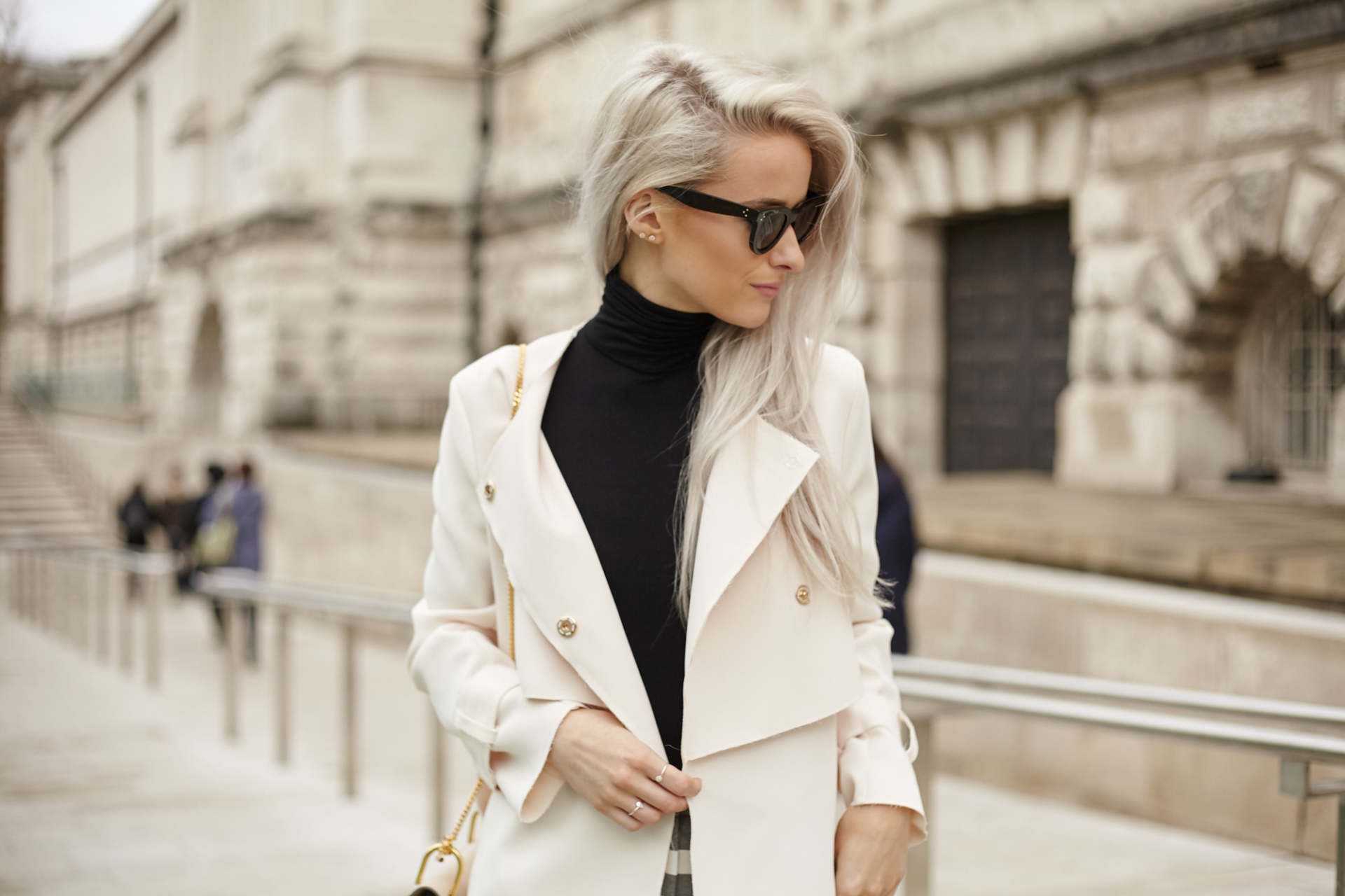 inthefrow topshop pink jacket, topshop grey striped trousers and chloe faye in arctic white
