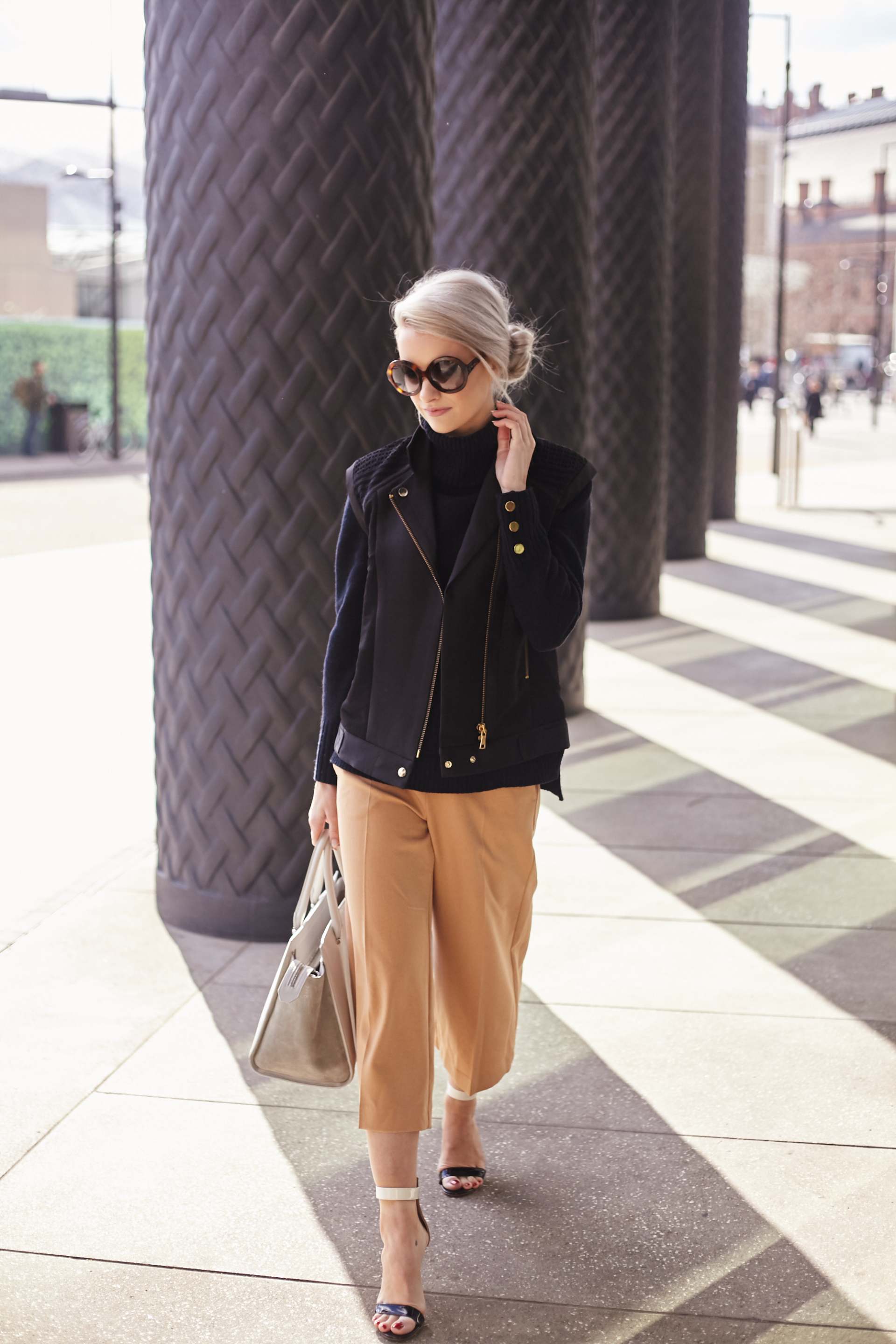 InTheFrow LFW5 - Amber-Rose Photography 28 tan culotte trousers, gianvito rossi portofino in nude, white and black, three floor black jacket and amanda wakeley tote