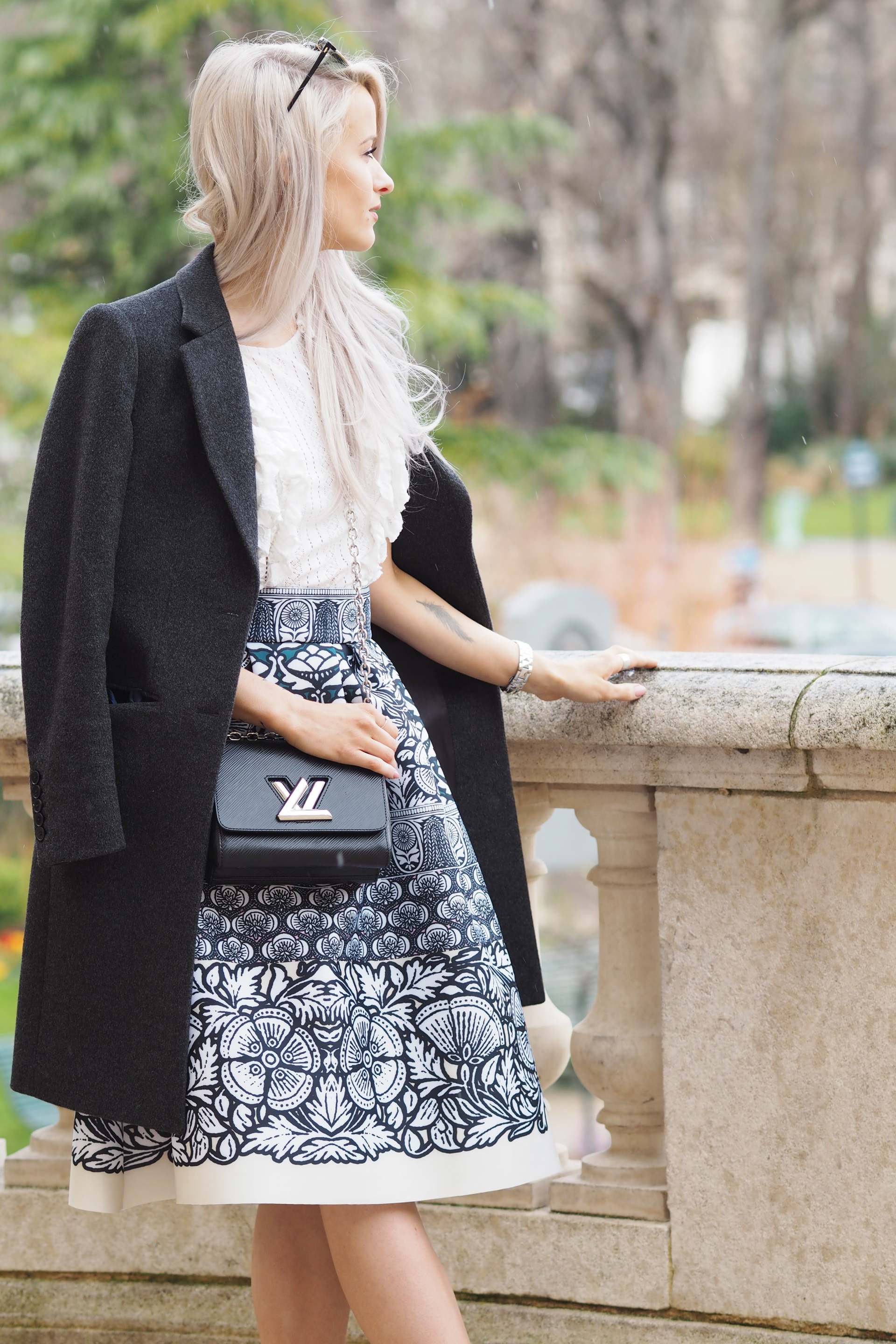inthefrow gianvito rossi caged heels in turquoise, louis vuitton twist bag in black, maje skirt, joseph grey jacket