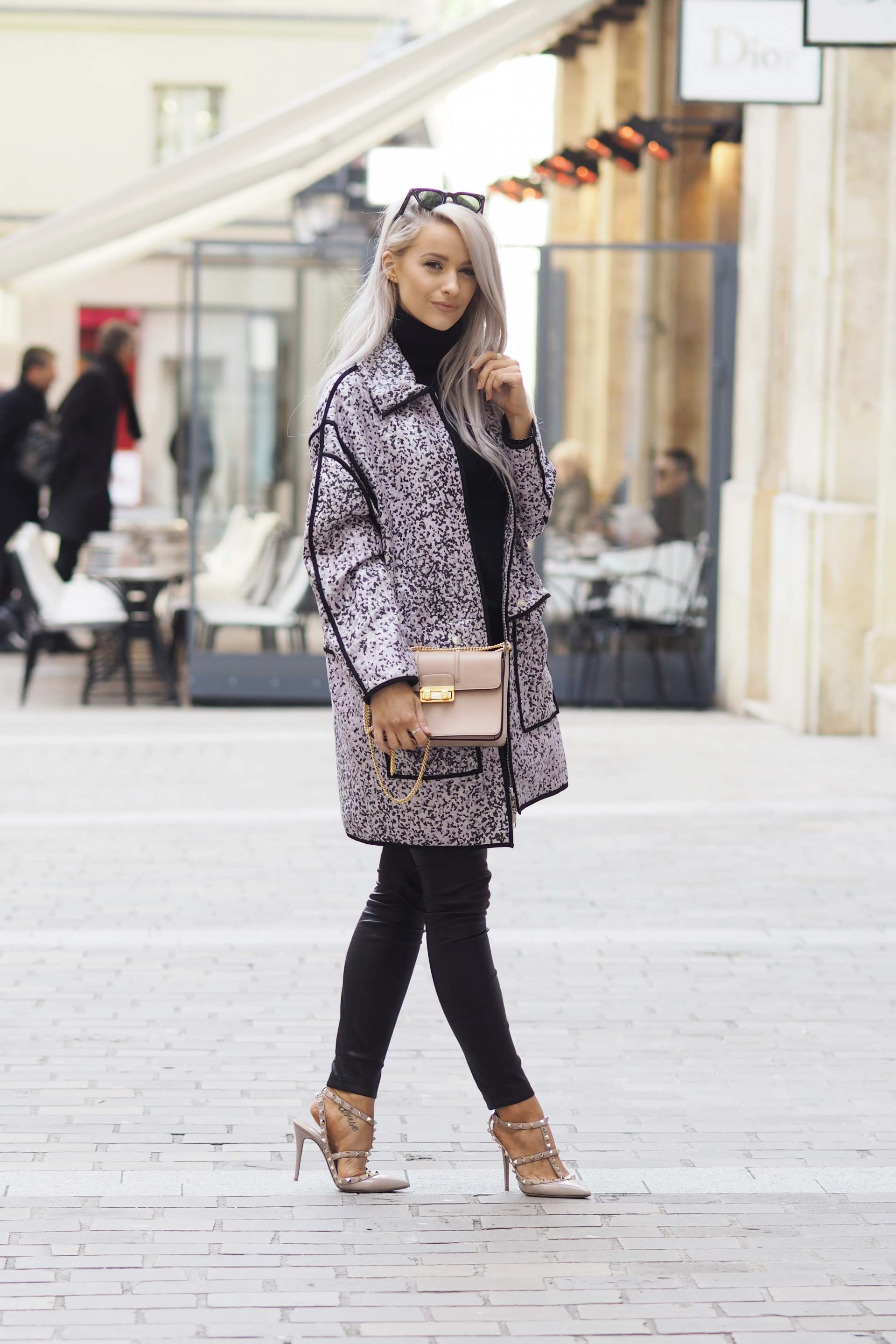 inthefrow paris fashion week kenzo lilac leopard print jacket and valentino rockstuds in powder
