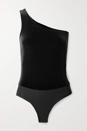 One Shoulder Velvet Bodysuit Black