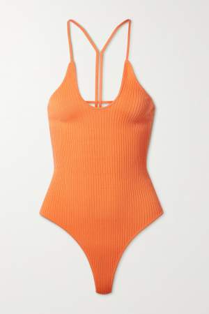 Open Back Ribbed Bodysuit Orange