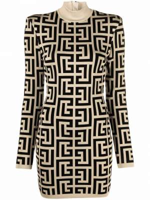Monogram Pattern Shoulder Pad Dress